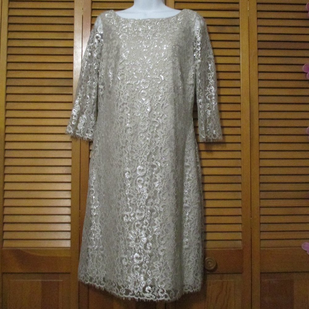 Calvin Klein Dress Feminine lacy tan/beige with stretch like new size 10